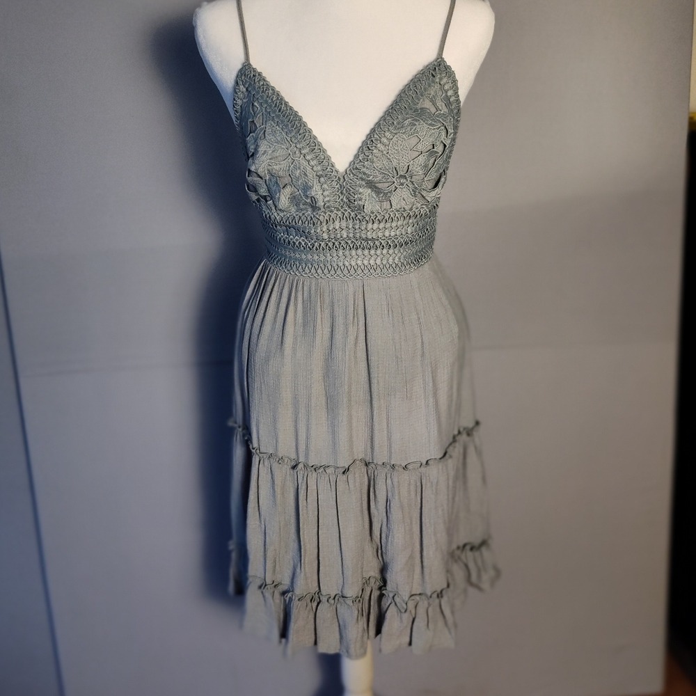 Love Tree Sage Green Crochet Lace Tiered Mini Dress Tie Back Boho Size Small